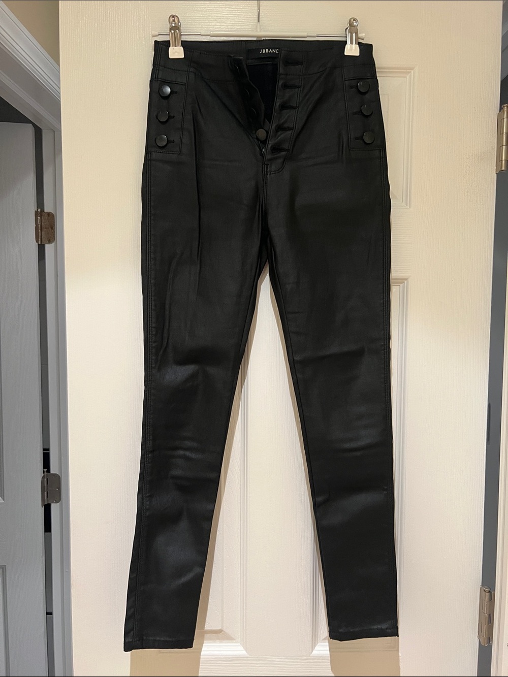 J Brand Black Faux Leather High-Waist Button Detail Pants
